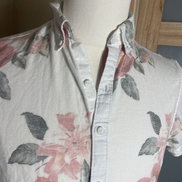 Denim & Flower Mens Small Floral Print Button Up Short Sleeve Shirt Linen Blend - Picture 6 of 11